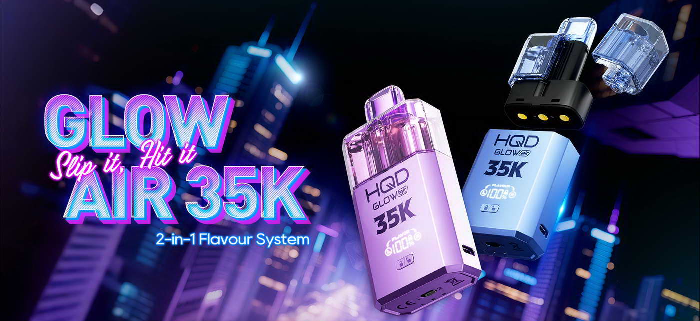 HQD Glow Air 35K Puffs digital screen showing 99 percent juice level
