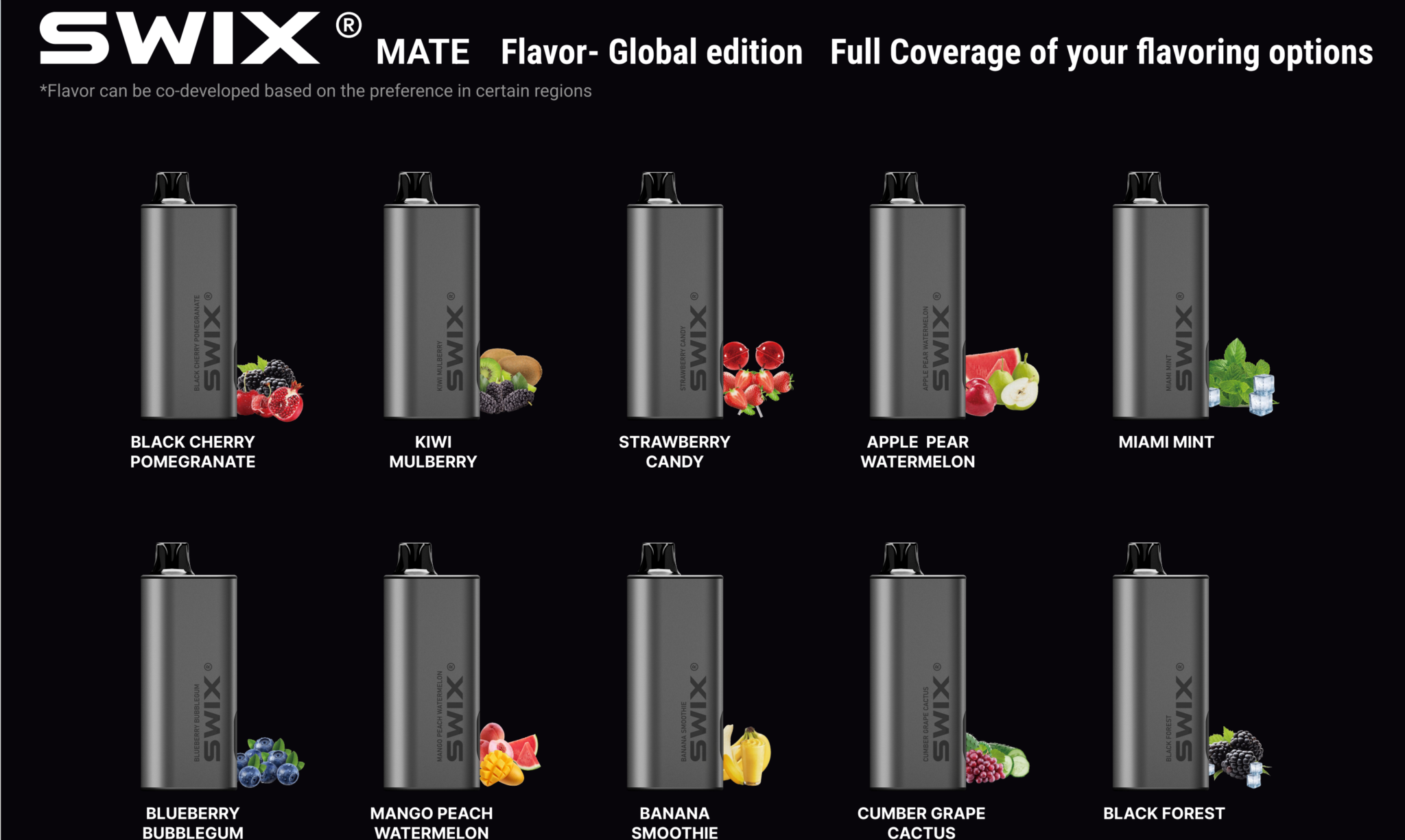 Complete flavour list of SWIX MATE disposable vapes including fruity, minty, and tobacco options