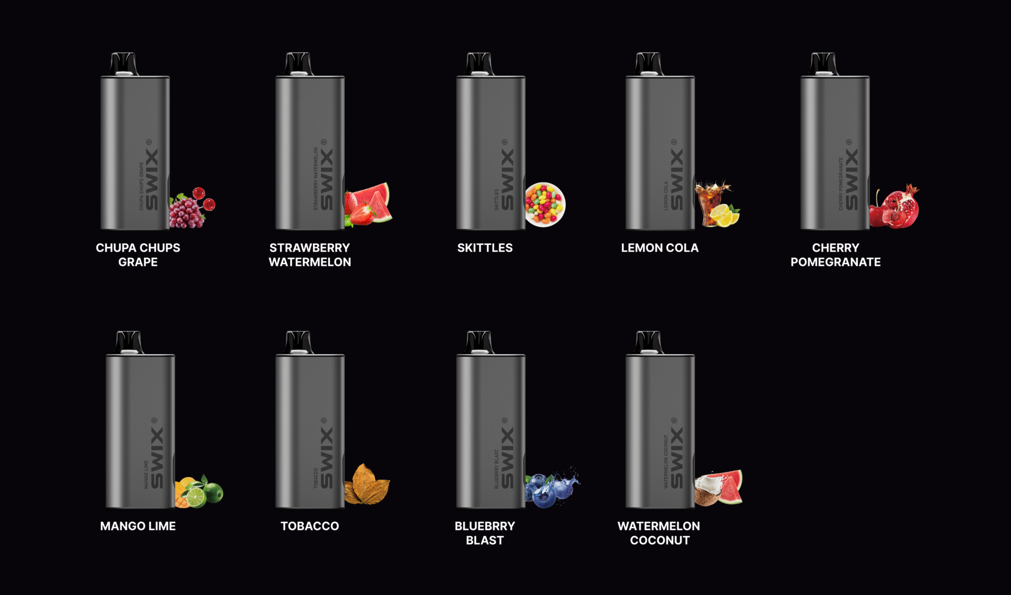 Close-up design details of SWIX MATE vape showing the ergonomic mouthpiece and e-liquid screen